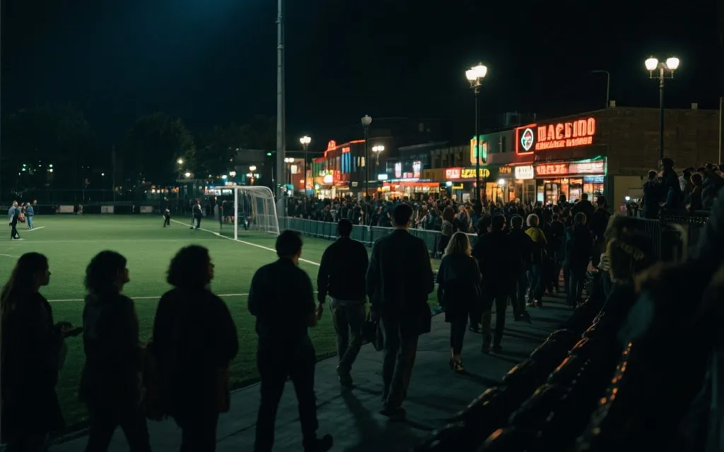 夜间城市街区与球迷步行离场氛围，适合打车错峰策略