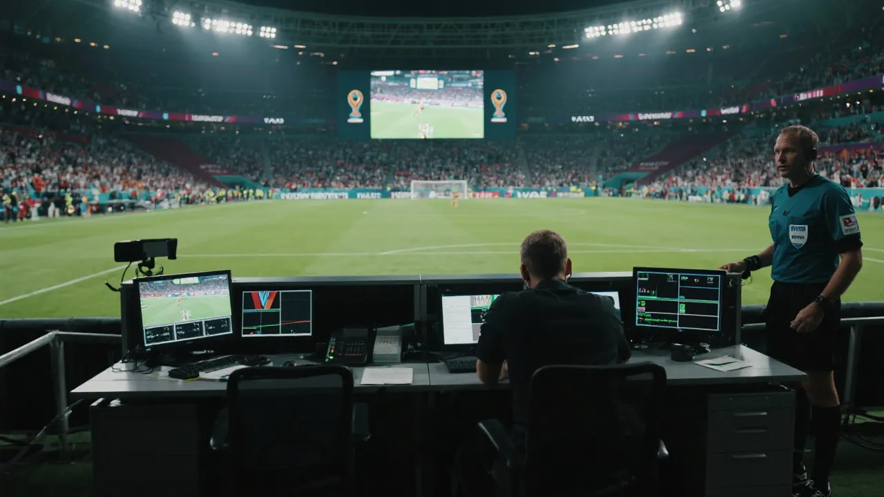 VAR裁判工作站与球场大屏回放的紧张氛围