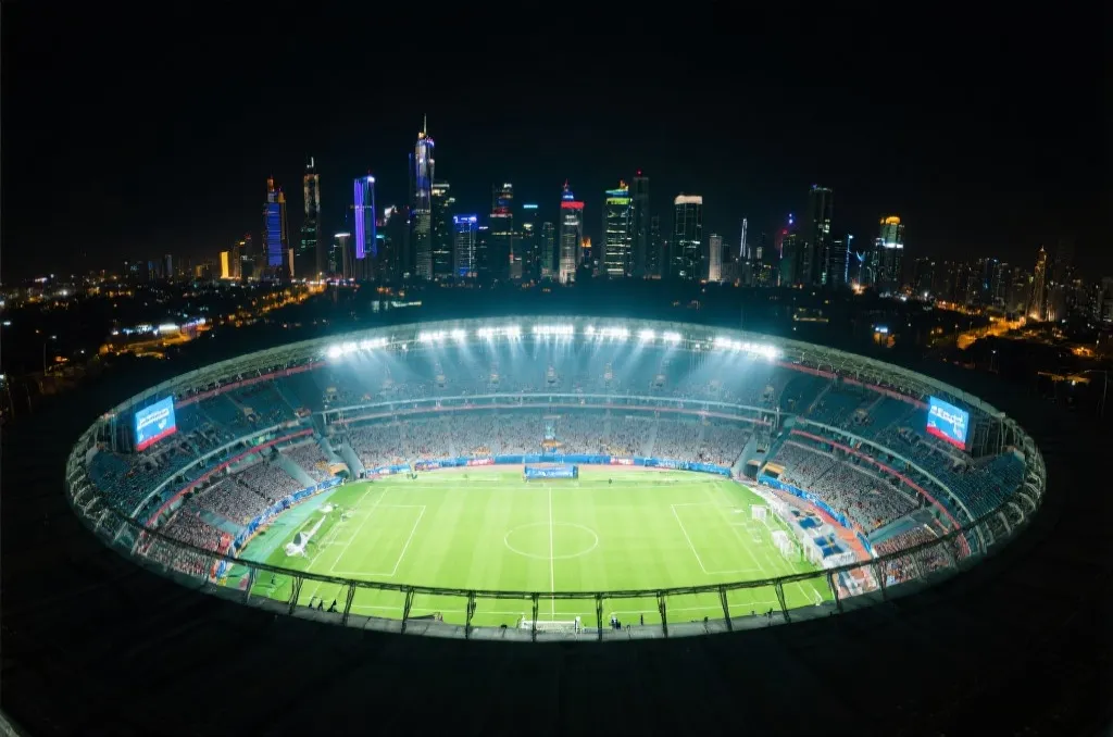 世界杯球场夜景，灯光明亮，周围城市天际线清晰可见，呈现大型赛事的热度